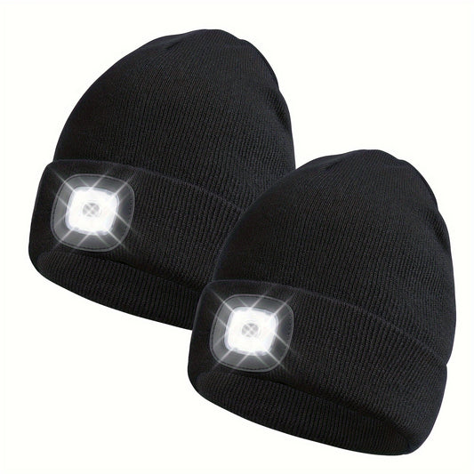 Night Safety LED Beanie Hats, USB Rechargeable Knit Hat, for Camping Hiking Running, 2-Pack, Great Unisex Xmas Gift