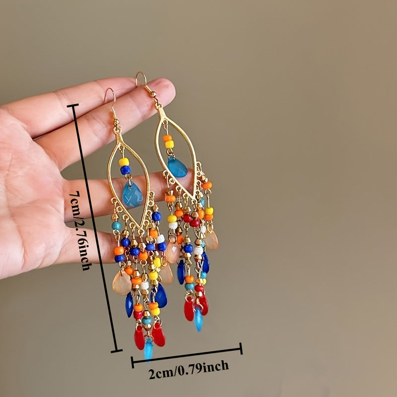 6-Pair Bohemian Tassel Earrings Set - Vintage Beaded Dangle Earrings with Teardrop & Round Beads, Multicolor Boho Statement Jewelry for Women, Lightweight Alloy Hoops for Parties, Vacations, Casual Attire - All-Season Ethnic Dangle Earrings (Turquoi