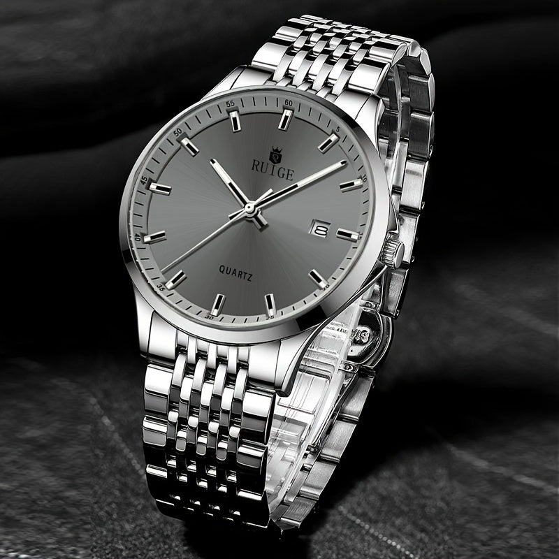 RUIGE Men'S Quartz Watch Stainless Steel Luxury Sports Men'S Watch Calendar with Night Light Leisure Business Watch