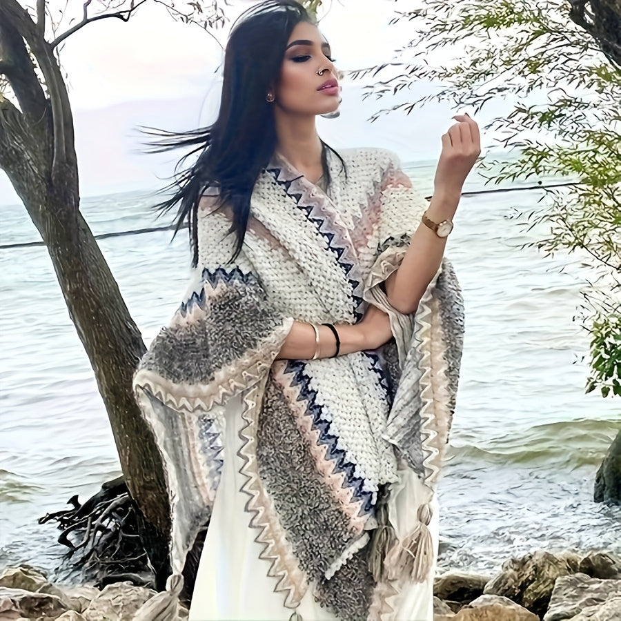 Ethnic Style Shawl, Women's Seasonal Outdoor Scarf, Travel Shawl, Retro Cape, Tassel Scarf, Vacation Outfit, Women's Air-conditioned Shirt