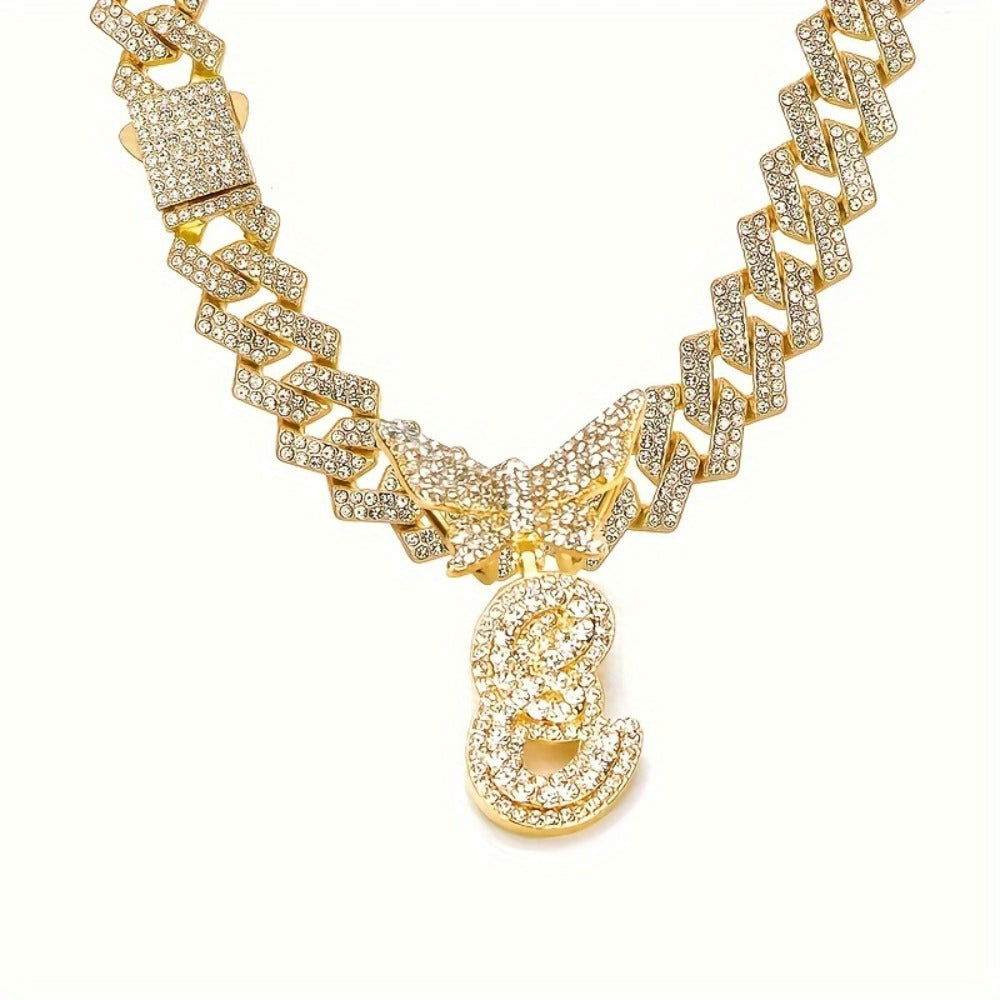 Cuban Link Chain Necklace - Initial Letter for Men Women - with Butterfly Alphabet Pendant A-Z, Gold & - product detail view