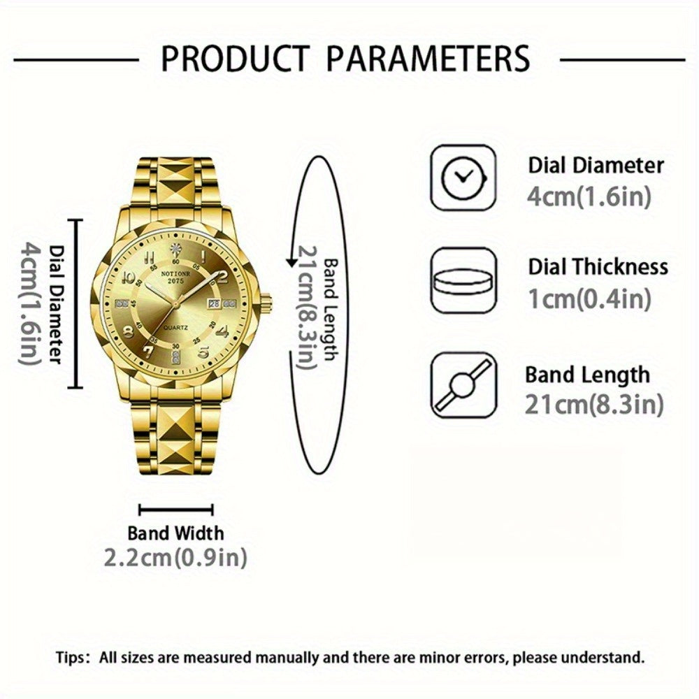 Men's Roman Numeral Rhinestone Quartz Watch Stainless Steel Strap – Date Display Minimalist Classic Design Fashion Wristwatch Gift, Golden Silvery Blue