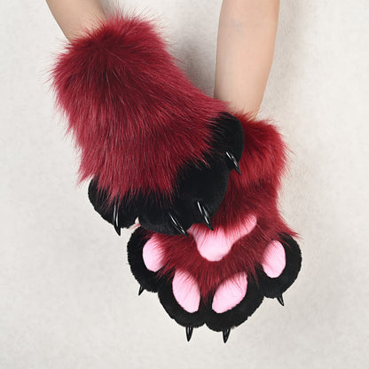 Cat Fox Claw Gloves with Sound Effects - Realistic Furry Beast Animal Paw Costume Gloves for Cosplay Halloween LARP Orc Role Play Costume Accessories in Red Burgundy Blue Brown
