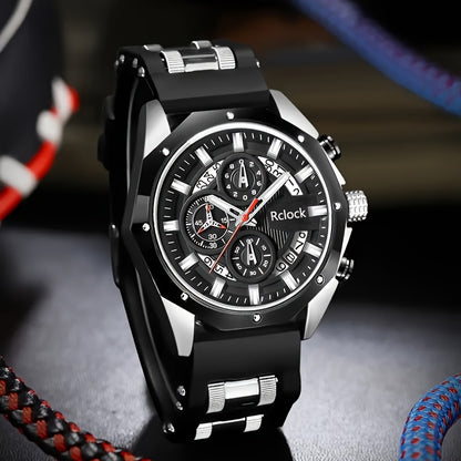 Sport Chronograph Watch for Men Vintage Large Round Dial Silicone Strap Quartz Calendar Function Zinc Alloy Case Battery Powered Gift for Him Black Rose Gold