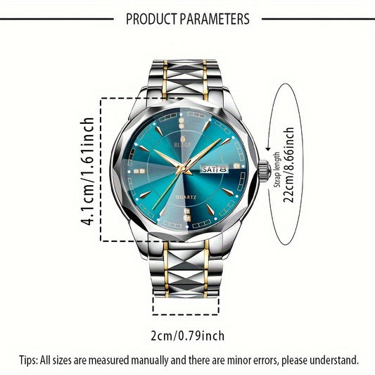 Men's Quartz Watch with Dual Calendar & Night Light | Diamond Shaped Mirror, Stainless Steel Case, Alloy Strap, Business Casual Wristwatch – Ideal Father's Day Gift
