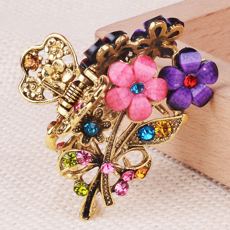 5pcs/Set Vintage Colorful Floral Medium Hair Claw Clips with Rhinestones - Women's Fashion Metal Alloy Hairpin Bun Clip Hair Accessory for Medium to Long Hair, Suitable for Daily & Party Wear, Gifts for Family And Friend, Elegant Headwear for Women