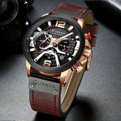 CURREN Watch Men Business Chronograph Faux Leather Strap Analog Quartz Date Stopwatch Wristwatch Blue Black Gold Rose Gold Brown Multi-Color