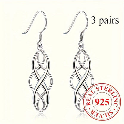 Dangle Earrings for Women - 925 Silver Twisted Drop Set, 3 Pairs - 925 silver detail