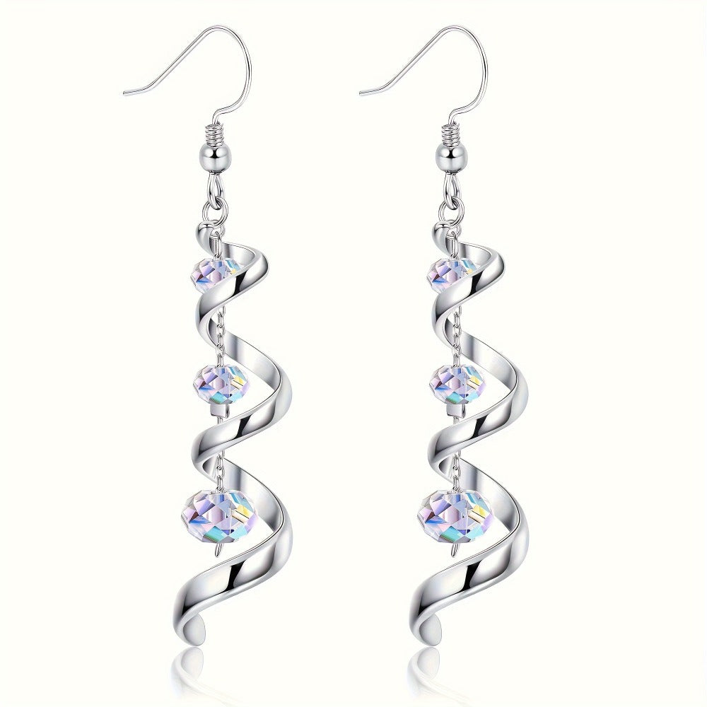 Dangle Earrings for Women - 925 Sterling Silver Plated Hypoallergenic Drop for | Spiral Crystal - main product view