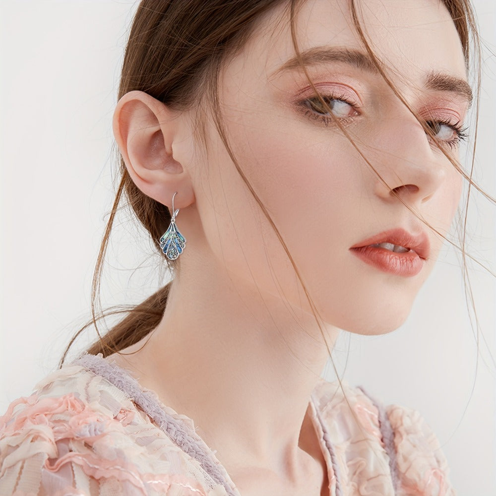Dangle Earrings for Women - Abalone Shell for 925 Sterling Silver Filigree Boho Drop , Iridescent - product detail view 2