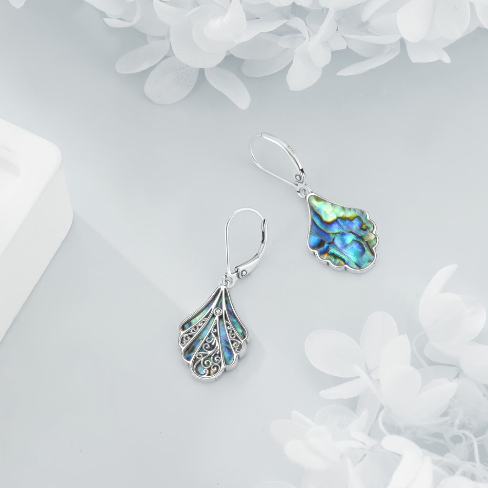 Dangle Earrings for Women - Abalone Shell for 925 Sterling Silver Filigree Boho Drop , Iridescent - product detail view 5