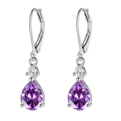 Dangle Earrings for Women - Amethyst 925 Sterling Silver Teardrop Leverback Drop Genuine Gemstone - product detail view 6