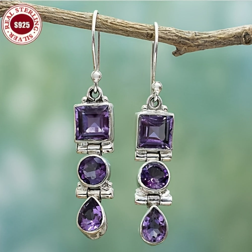 Dangle Earrings for Women - Amethyst Drop for 925 Silver Retro Three Stone , Lightweight Long Style - main product view