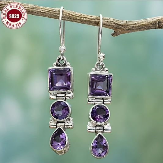 Dangle Earrings for Women - Amethyst Drop for 925 Silver Retro Three Stone , Lightweight Long Style - main product view