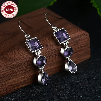 Dangle Earrings for Women - Amethyst Drop for 925 Silver Retro Three Stone , Lightweight Long Style - product detail view 3