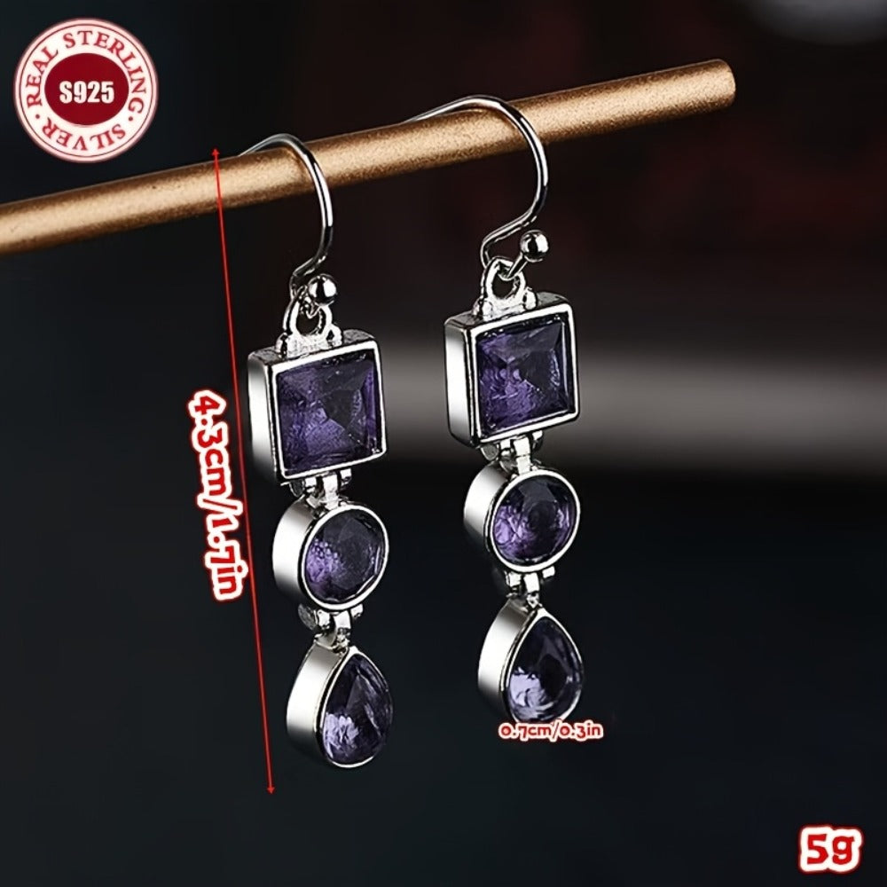Dangle Earrings for Women - Amethyst Drop for 925 Silver Retro Three Stone , Lightweight Long Style - product detail view 4