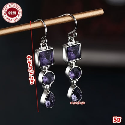 Dangle Earrings for Women - Amethyst Drop for 925 Silver Retro Three Stone , Lightweight Long Style - product detail view 4