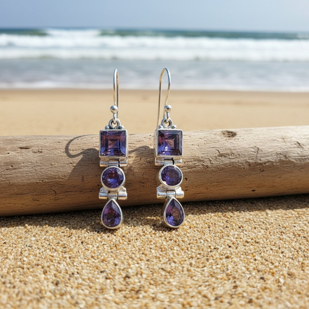 Dangle Earrings for Women - Amethyst Drop for 925 Silver Retro Three Stone , Lightweight Long Style - product detail view 6