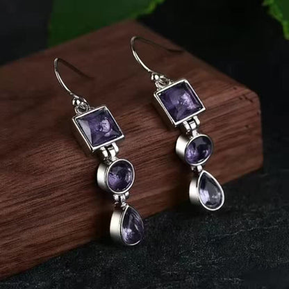 Dangle Earrings for Women - Amethyst Drop for 925 Silver Retro Three Stone , Lightweight Long Style - product detail view 7