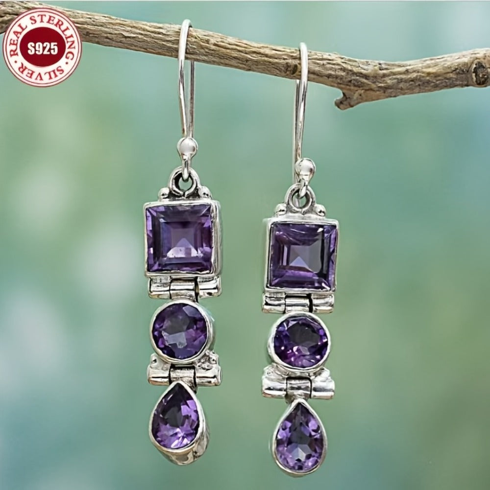 Dangle Earrings for Women - Amethyst Drop for 925 Silver Retro Three Stone , Lightweight Long Style - product detail view 8