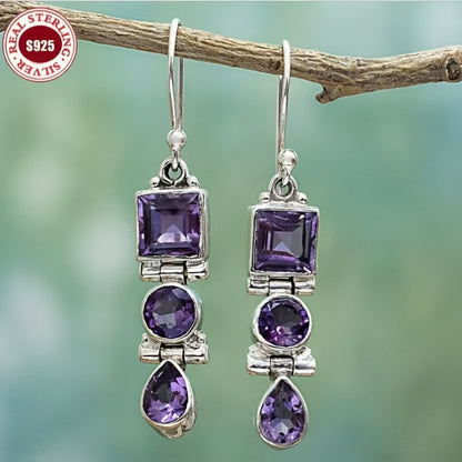 Dangle Earrings for Women - Amethyst Drop for 925 Silver Retro Three Stone , Lightweight Long Style - product detail view 8