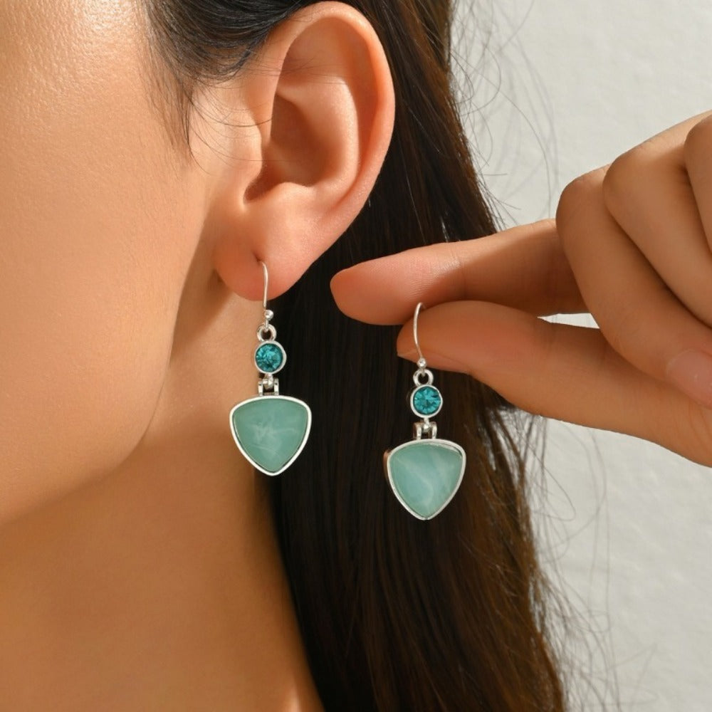 Dangle Earrings for Women - Boho Blue Stone for - Triangular Artisan Drop , Silver Plated Coastal - product detail view 8