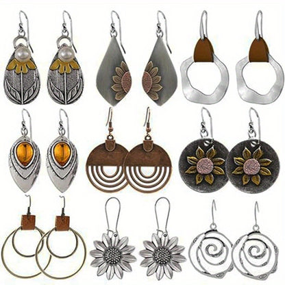 Dangle Earrings for Women - Boho Earring Set 9 Pairs Wood Leather Geometric Circular Sunflower Drop - main product view