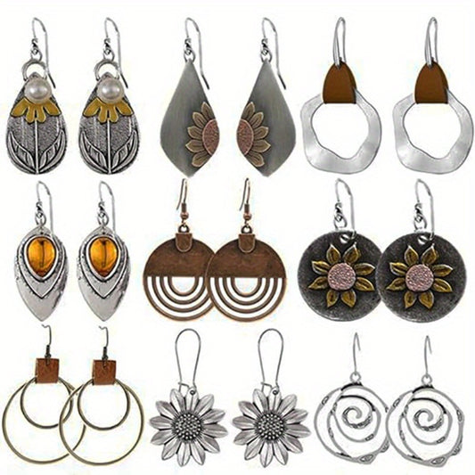 Dangle Earrings for Women - Boho Earring Set 9 Pairs Wood Leather Geometric Circular Sunflower Drop - main product view