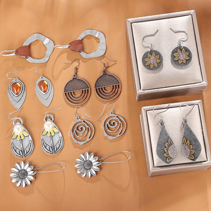 Dangle Earrings for Women - Boho Earring Set 9 Pairs Wood Leather Geometric Circular Sunflower Drop - product detail view 4