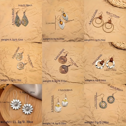 Dangle Earrings for Women - Boho Earring Set 9 Pairs Wood Leather Geometric Circular Sunflower Drop - product detail view 5
