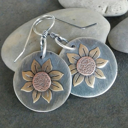 Dangle Earrings for Women - Boho Earring Set 9 Pairs Wood Leather Geometric Circular Sunflower Drop - product detail view 8