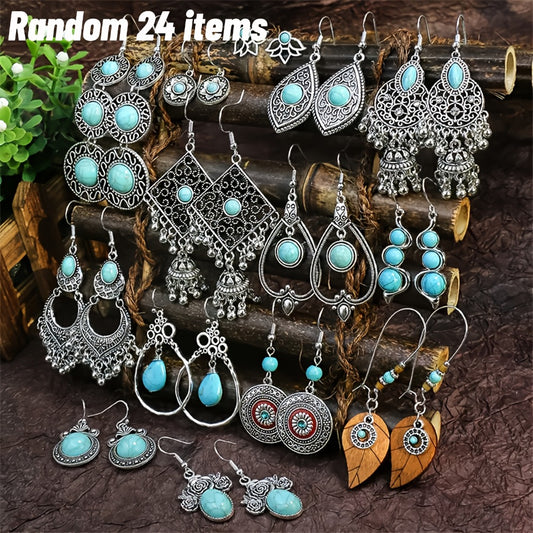 Dangle Earrings for Women - Boho Set for 24pcs - Retro Turquoise Leaf Heart Teardrop Pendant - main product view