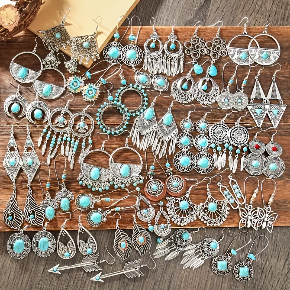 Dangle Earrings for Women - Boho Set for 24pcs - Retro Turquoise Leaf Heart Teardrop Pendant - product detail view 2