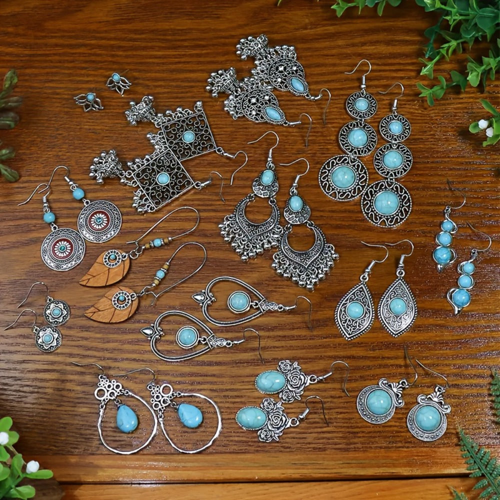 Dangle Earrings for Women - Boho Set for 24pcs - Retro Turquoise Leaf Heart Teardrop Pendant - product detail view 3