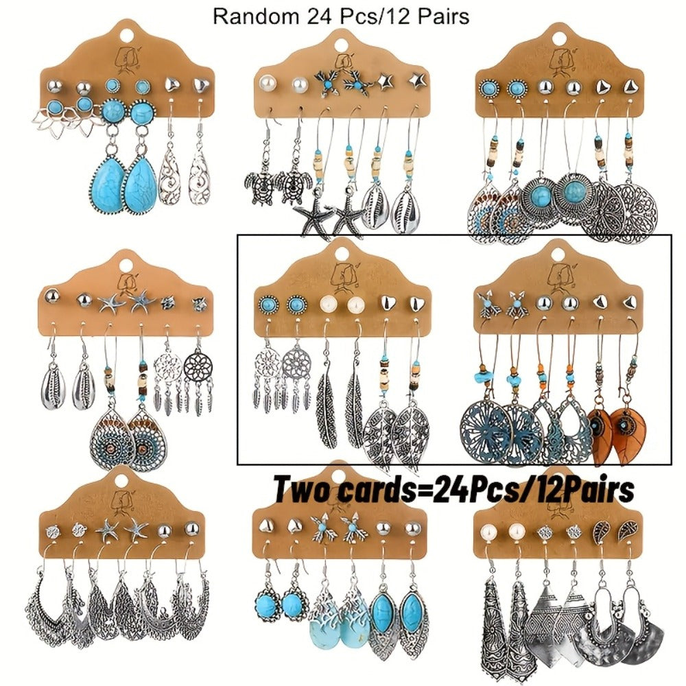Dangle Earrings for Women - Boho Set for 24pcs - Retro Turquoise Leaf Heart Teardrop Pendant - product detail view 5