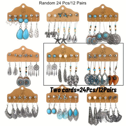 Dangle Earrings for Women - Boho Set for 24pcs - Retro Turquoise Leaf Heart Teardrop Pendant - product detail view 5