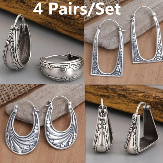 Dangle Earrings for Women - Boho Set 4 Pairs for - Engraved Unique Pattern Bohemian , Silver Statement - main product view