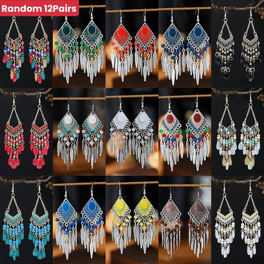Dangle Earrings for Women - Boho Tassel Set for 12 Pairs Handmade Multicolor Beaded Drop , Vintage - main product view