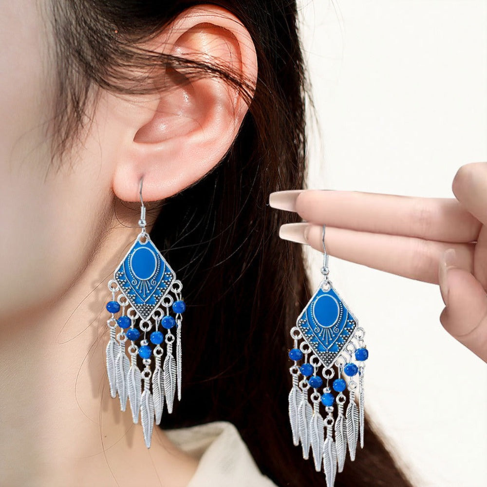 Dangle Earrings for Women - Boho Tassel Set for 12 Pairs Handmade Multicolor Beaded Drop , Vintage - product detail view 3