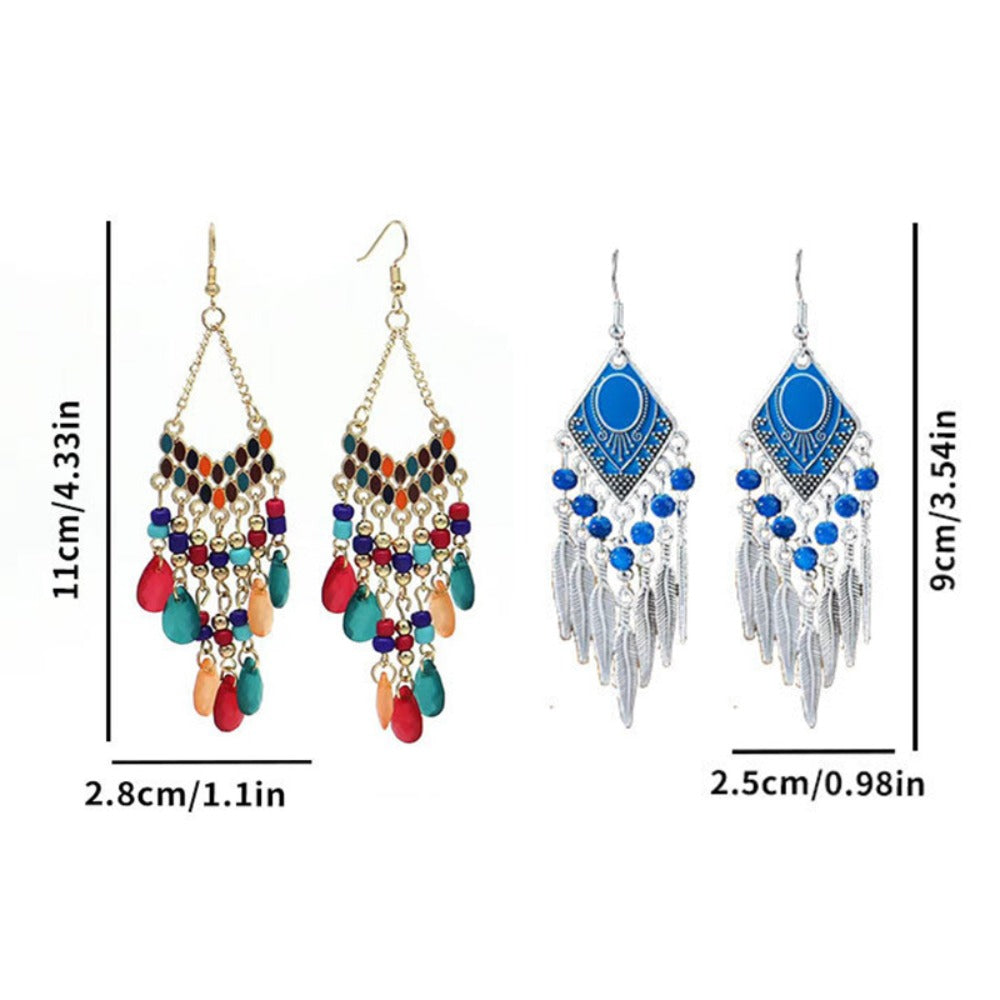 Dangle Earrings for Women - Boho Tassel Set for 12 Pairs Handmade Multicolor Beaded Drop , Vintage - product detail view 4