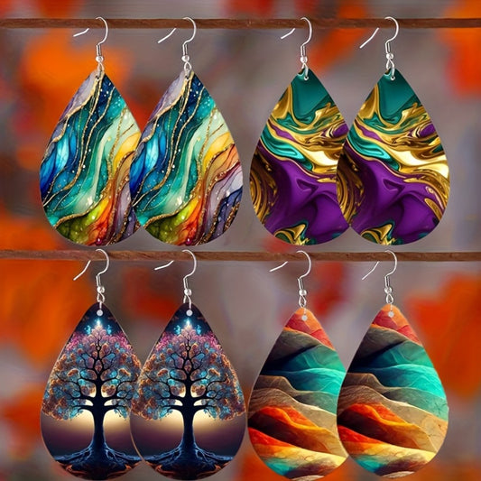 Dangle Earrings for Women - Boho Teardrop Drop Set 4 Pairs - Rainbow Gradient Acrylic Faux Marble - main product view