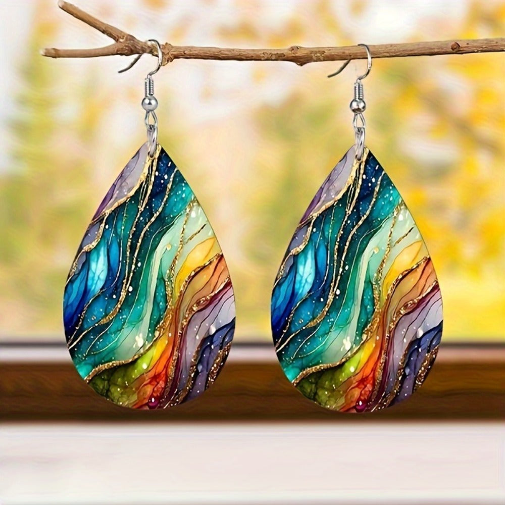 Dangle Earrings for Women - Boho Teardrop Drop Set 4 Pairs - Rainbow Gradient Acrylic Faux Marble - product detail view 2