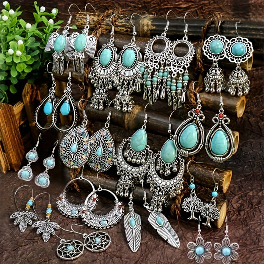Dangle Earrings for Women - Boho Turquoise Set 15 Pairs - Ethnic Vintage Acrylic Drop for - Bohemian - main product view