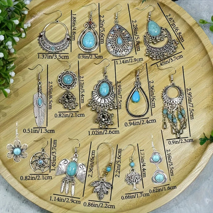 Dangle Earrings for Women - Boho Turquoise Set 15 Pairs - Ethnic Vintage Acrylic Drop for - Bohemian - product detail view 5