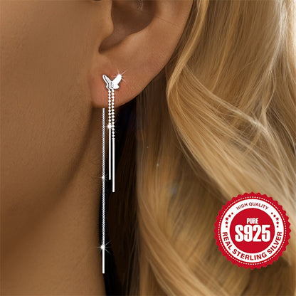 Dangle Earrings for Women - Butterfly Tassel S925 Sterling Silver Hypoallergenic Drop for Elegant Cute - product detail view