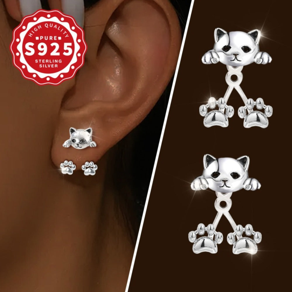 Dangle Earrings for Women - Cat Paw S925 Sterling Silver Hypoallergenic Cute Cartoon Design for Girls - product detail view 2
