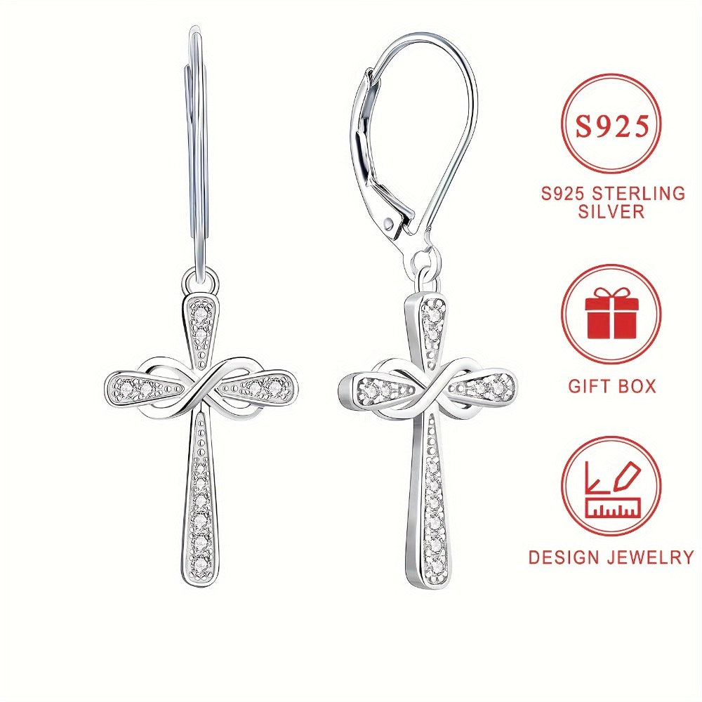 Dangle Earrings for Women - Cross 925 Sterling Silver Zirconia Inlaid for Hypoallergenic Shiny Faith - main product view