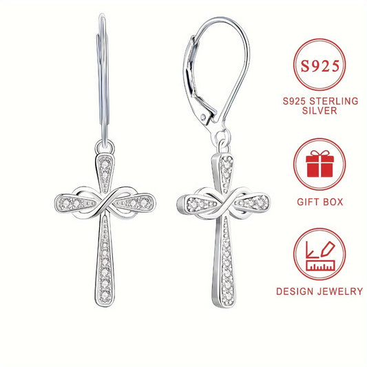 Dangle Earrings for Women - Cross 925 Sterling Silver Zirconia Inlaid for Hypoallergenic Shiny Faith - main product view