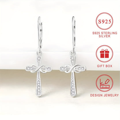 Dangle Earrings for Women - Cross 925 Sterling Silver Zirconia Inlaid for Hypoallergenic Shiny Faith - product detail view 2