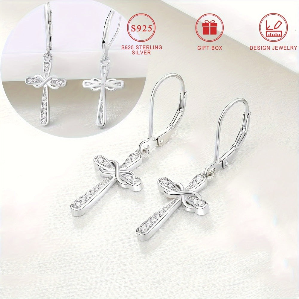 Dangle Earrings for Women - Cross 925 Sterling Silver Zirconia Inlaid for Hypoallergenic Shiny Faith - product detail view 4